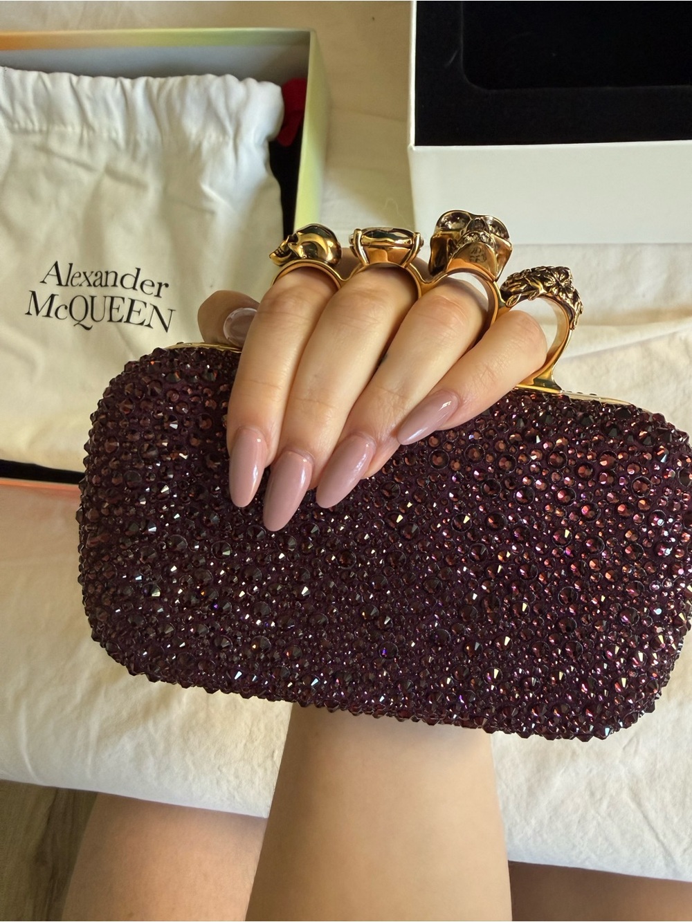 Alexander McQueen Burgundy Crystal Knuckle-Handle Clutch